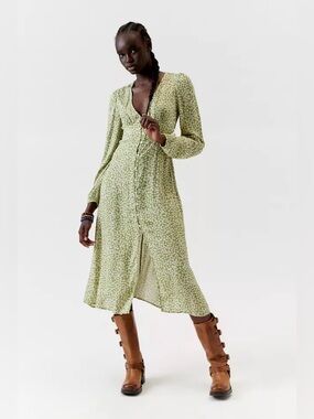 Billabong Cool Nights Midi Dress Green Floral V Neck Fitted Long Blouson Sleeve